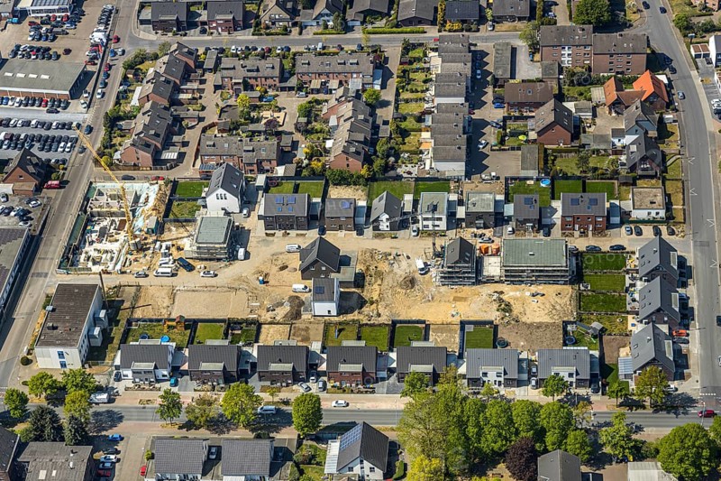 Aerial view, new housing estate Schepersfeld, former Telekom site, Fusternberg, Wesel, Ruhr area, Lower Rhine, North Rhine-Westphalia, Germany