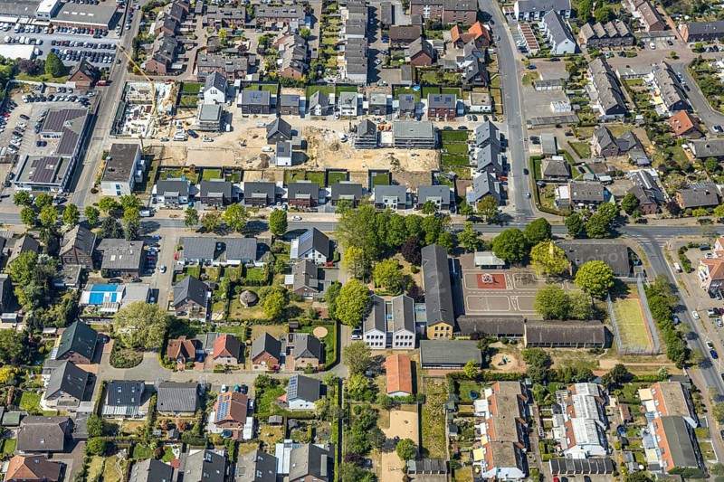 Aerial view, new housing estate Schepersfeld, former Telekom site, Fusternberg, Wesel, Ruhr area, Lower Rhine, North Rhine-Westphalia, Germany