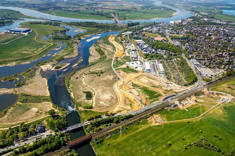 Aerial view, new mouth of the river Lippe near Wesel, Rhine, Rhine harbour, federal road connection B8 and B58, Wesel, Lower Rhine, Ruhr area, North Rhine-Westphalia, Germany