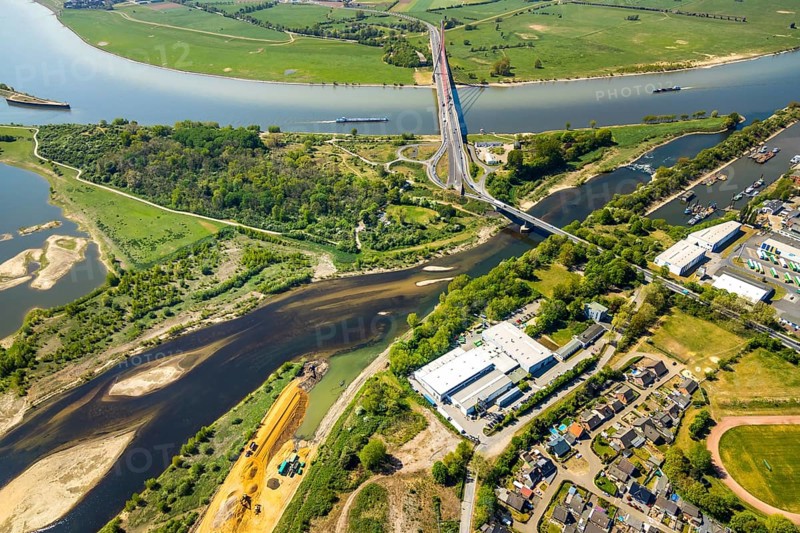 Aerial view, new mouth of the river Lippe near Wesel, Rhine, Rhine harbour, federal road connection B8 and B58, Wesel, Lower Rhine, Ruhr area, North Rhine-Westphalia, Germany