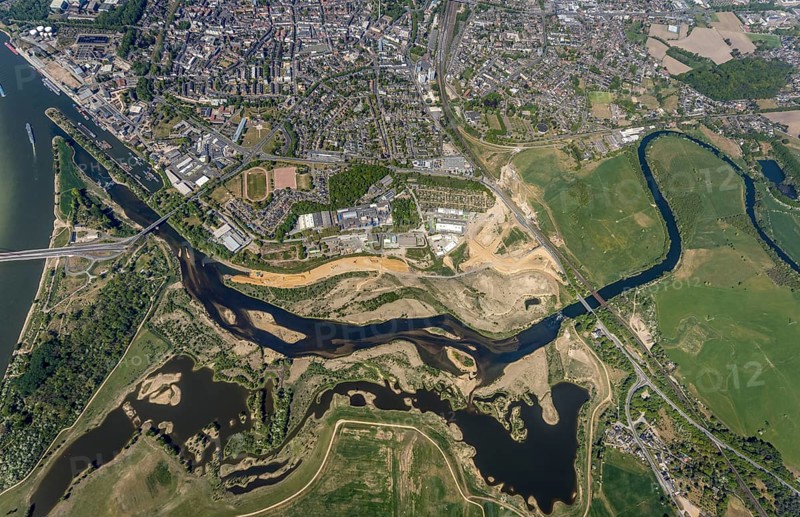 Aerial view, new mouth of the river Lippe near Wesel, Rhine, Rhine harbour, federal road connection B8 and B58, Wesel, Lower Rhine, Ruhr area, North Rhine-Westphalia, Germany