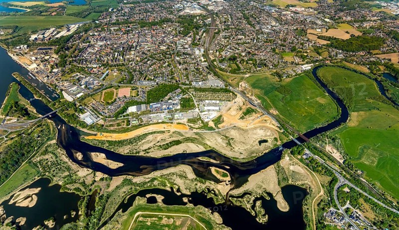 Aerial view, new mouth of the river Lippe near Wesel, Rhine, Rhine harbour, federal road connection B8 and B58, Wesel, Lower Rhine, Ruhr area, North Rhine-Westphalia, Germany