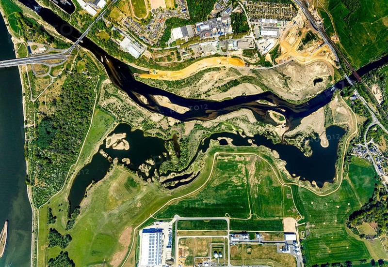 Aerial view, new mouth of the river Lippe near Wesel, Rhine, Rhine harbour, federal road connection B8 and B58, Wesel, Lower Rhine, Ruhr area, North Rhine-Westphalia, Germany