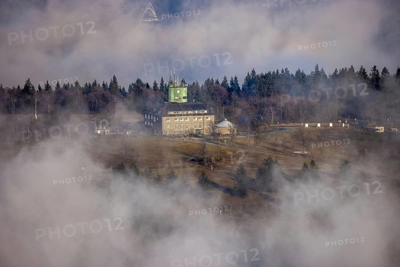 Aerial view, clouds over the Kahler Asten, Astenturm and hotel-restaurant, second highest mountain in North Rhine-Westphalia, Kahler Asten, 842 m high mountain with heathland as well as observation tower and restaurant on the summit, Winterberg, Sauerland, North Rhine-Westphalia, Germany