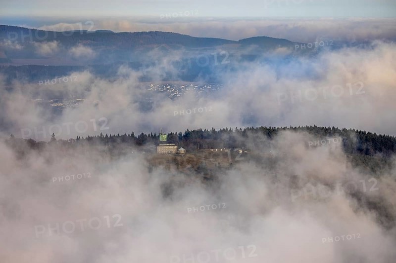 Aerial view, clouds over the Kahler Asten, Astenturm and hotel-restaurant, second highest mountain in North Rhine-Westphalia, Kahler Asten, 842 m high mountain with heathland as well as observation tower and restaurant on the summit, Winterberg, Sauerland, North Rhine-Westphalia, Germany