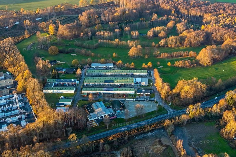 Aerial photo, Westerhaar industrial estate, TÜV NORD inspection centre Wickede Werl, golf course Golfclub-Werl e.V., forest damage, clear-cutting and spruce felling, Werl, Sauerland, North Rhine-Westphalia, Germany