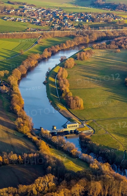 Aerial view, Ruhr river, Echthausen hydroelectric power station, Wickede, Sauerland, North Rhine-Westphalia, Germany