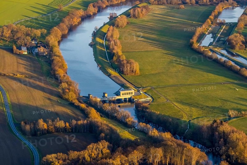 Aerial view, Ruhr river, Echthausen hydroelectric power station, Wickede, Sauerland, North Rhine-Westphalia, Germany