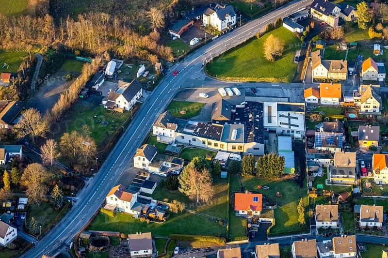 Aerial view, Hauptstraße corner Hatzfeldstraße, Martin Pingel Transporte business, Wickede, Sauerland, North Rhine-Westphalia, Germany