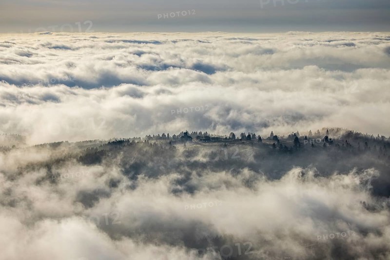 Aerial view, clouds over the Kahler Asten, Astenturm and hotel-restaurant, second highest mountain in North Rhine-Westphalia, Kahler Asten, 842 m high mountain with heathland as well as observation tower and restaurant on the summit, Winterberg, Sauerland, North Rhine-Westphalia, Germany