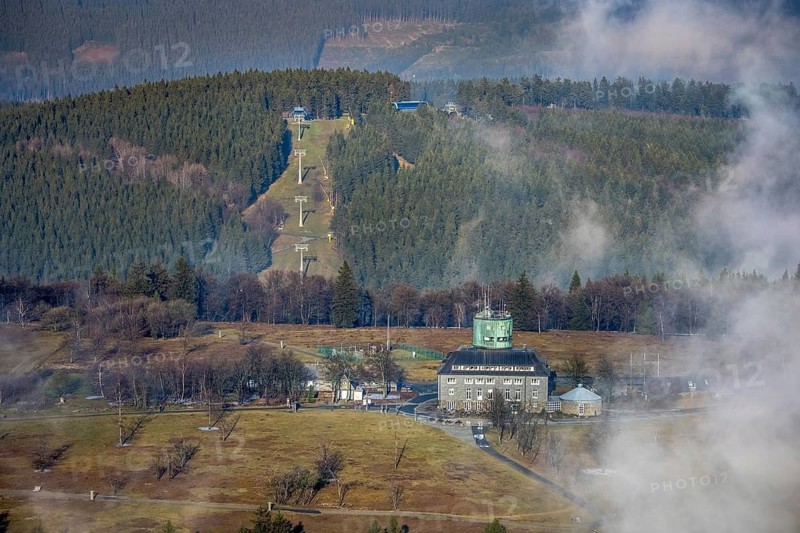 Aerial view, clouds over the Kahler Asten, Astenturm and hotel-restaurant, second highest mountain in North Rhine-Westphalia, Kahler Asten, 842 m high mountain with heathland as well as observation tower and restaurant on the summit, Winterberg, Sauerland, North Rhine-Westphalia, Germany