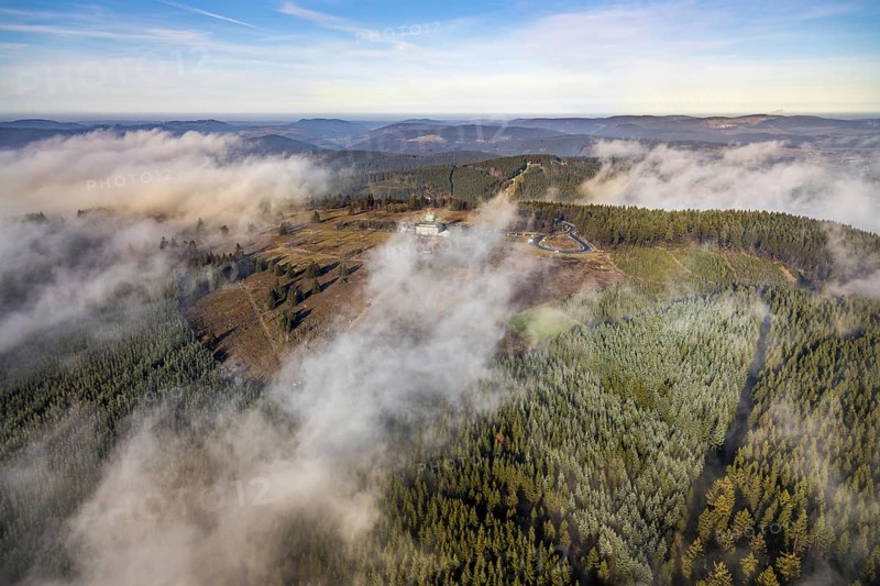 Aerial view, clouds over the Kahler Asten, Astenturm and hotel-restaurant, second highest mountain in North Rhine-Westphalia, Kahler Asten, 842 m high mountain with heathland as well as observation tower and restaurant on the summit, Winterberg, Sauerland, North Rhine-Westphalia, Germany