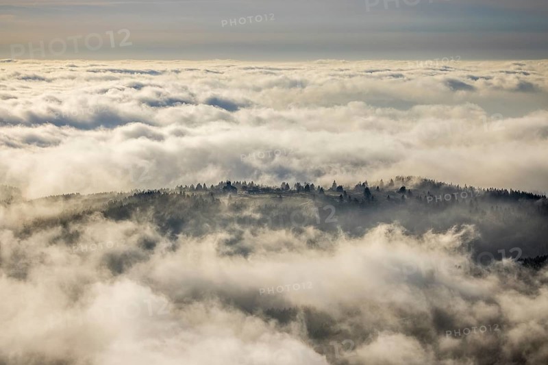 Aerial view, clouds over the Kahler Asten, Astenturm and hotel-restaurant, second highest mountain in North Rhine-Westphalia, Kahler Asten, 842 m high mountain with heathland as well as observation tower and restaurant on the summit, Winterberg, Sauerland, North Rhine-Westphalia, Germany
