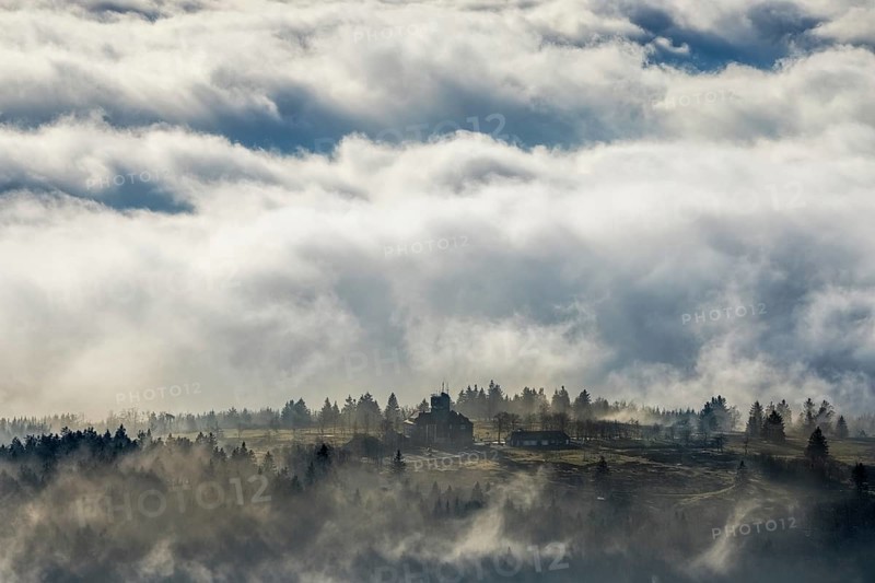 Aerial view, clouds over the Kahler Asten, Astenturm and hotel-restaurant, second highest mountain in North Rhine-Westphalia, Kahler Asten, 842 m high mountain with heathland as well as observation tower and restaurant on the summit, Winterberg, Sauerland, North Rhine-Westphalia, Germany