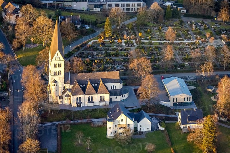 Aerial view, Catholic parish church of St Anthony of Padua, Catholic cemetery, Wickede, Sauerland, North Rhine-Westphalia, Germany