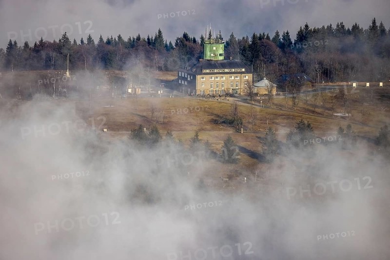 Aerial view, clouds over the Kahler Asten, Astenturm and hotel-restaurant, second highest mountain in North Rhine-Westphalia, Kahler Asten, 842 m high mountain with heathland as well as observation tower and restaurant on the summit, Winterberg, Sauerland, North Rhine-Westphalia, Germany