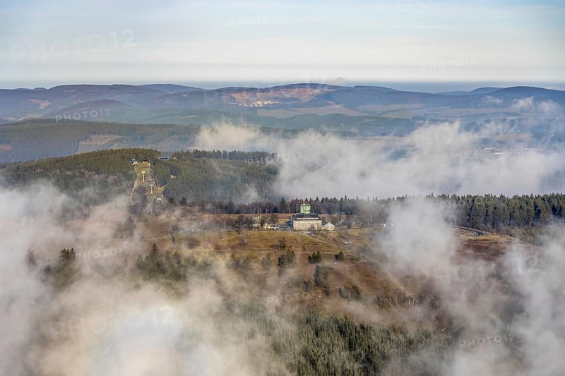 Aerial view, clouds over the Kahler Asten, Astenturm and hotel-restaurant, second highest mountain in North Rhine-Westphalia, Kahler Asten, 842 m high mountain with heathland as well as observation tower and restaurant on the summit, Winterberg, Sauerland, North Rhine-Westphalia, Germany