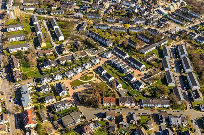 Aerial view, new build flats Mühlenfeld, Heißen, Mülheim an der Ruhr, Ruhr area, North Rhine-Westphalia, Germany, Mülheim, an, der, Ruhr, DE, Europe, birds-eyes, view, aerial photography, aerial photography, aerial photography, overview, overview, bird's eye view, living, flat, houses, residential buildings, housing estate, settlement