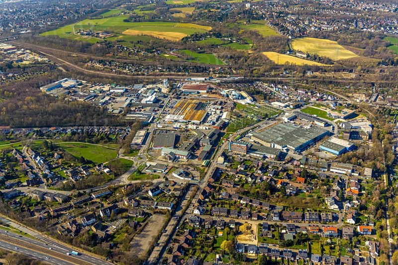 Aerial view, industrial estate Am Förderturm, Fulerum, Mülheim an der Ruhr, Ruhr area, North Rhine-Westphalia, Germany, Mülheim, an, der, Ruhr, DE, Europe, birds-eyes, view, aerial photography, aerial photography, aerial photography, overview, overview, bird's eye view, industry, trade, economy, commercial enterprise, production, trade