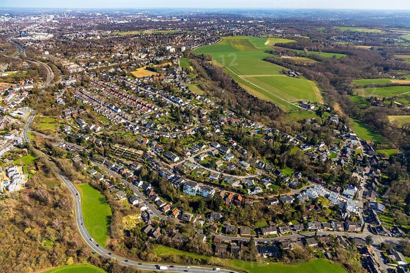 Aerial view, Mülheim-Heißen settlement Mausegatt, historic workers' settlement, colliery settlement, colliery houses, Holthausen, Mülheim an der Ruhr, Ruhr area, North Rhine-Westphalia, Germany, Mülheim, an, der, Ruhr, DE, Europe, birds-eyes, view, aerial photograph, aerial photography, aerial photography, overview, overview, bird's eye view, colliery flats, living, flat, houses, residential buildings, housing estate, settlement