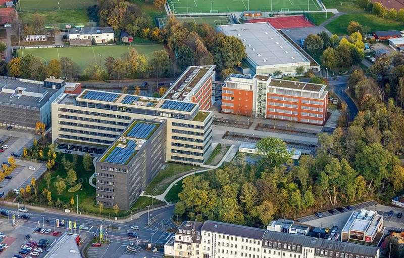 Aerial view, ALDI International Services company campus, Saarn, Mülheim an der Ruhr, Ruhr area, North Rhine-Westphalia, Germany, Aldi Süd, DE, Europe, commercial enterprises, commercial space, commercial area, commercial location, commercial use, industrial area, industrial building, industrial location, aerial view, aerial photography, aerial photography, Mintarder Straße, photovoltaic, photovoltaic system, solar, solar system, solar energy, solar energy, overview, bird's-eye view, birds-eyes view, overview