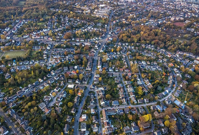 Aerial view, residential arch Bremer Straße, Saarn - West, Mülheim an der Ruhr, Ruhr area, North Rhine-Westphalia, Germany, DE, Europe, property tax, real estate, aerial view, aerial photography, aerial photography, overview, bird's-eye view, residential complex, living and living, residential area, residential buildings, residential quality, residential neighbourhood, housing estate, birds-eyes view, overview