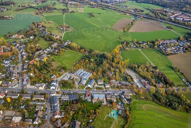 Aerial view, construction area Christof Rumbaum Gartenbau und Baumschule, Saarn - Süd, Mülheim an der Ruhr, Ruhr area, North Rhine-Westphalia, Germany, construction area, construction site, building plots, construction project, DE, Europe, horticulture, commercial area, commercial use, Kölner Straße, aerial view, aerial photography, aerial photography, overview, bird's-eye view, meadows and fields, birds-eyes view, overview