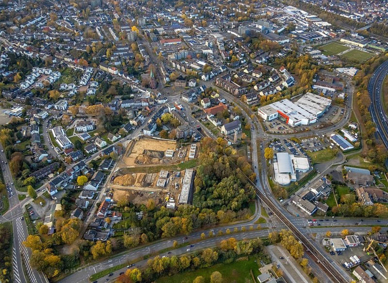 Aerial view, construction site of former football pitch, new construction of detached houses, St. Joseph Church, Heißen - Mitte, Mülheim an der Ruhr, Ruhr area, North Rhine-Westphalia, Germany, place of worship, construction work, construction area, construction site, building plots, construction project, DE, Europe, religious community, place of worship, holy place, Heißen Church, Hingbergstraße, church, parish, denomination, aerial view, aerial photography, aerial photography, new building, religion, religious site, overview, bird's-eye view, bird's-eye view, overview