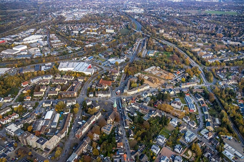 Aerial view, construction site of former football pitch, new construction of detached houses, St. Joseph Church, Heißen - Mitte, Mülheim an der Ruhr, Ruhr area, North Rhine-Westphalia, Germany, place of worship, construction work, construction area, construction site, building plots, construction project, DE, Europe, religious community, place of worship, holy place, Heißen Church, Hingbergstraße, church, parish, denomination, aerial view, aerial photography, aerial photography, new building, religion, religious site, overview, bird's-eye view, bird's-eye view, overview