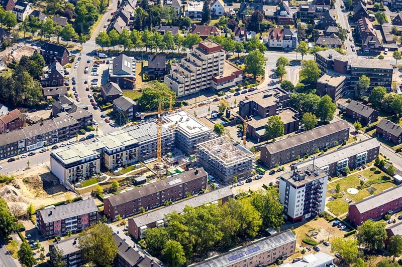 Aerial view, new residential building Kreuzstraße, Zitadellenviertel, Wesel, Ruhr area, Lower Rhine, North Rhine-Westphalia, Germany