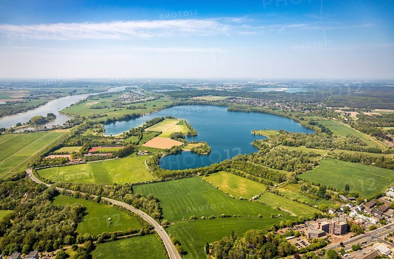 Aerial view, Auesee, Auesee lido, Nordstrand, Wesel marina, meadows and fields, Wesel, Ruhr area, Lower Rhine, North Rhine-Westphalia, Germany