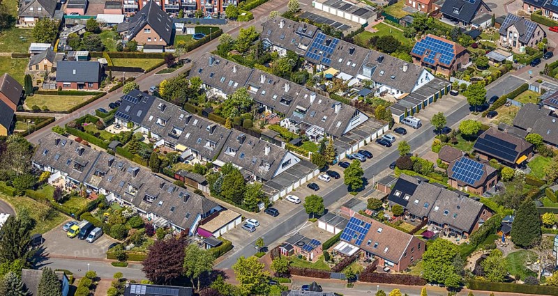 Aerial view, terraced housing estate Wilhelm-Leuschner-Straße, Lackhausen, Wesel, Ruhr area, Lower Rhine, North Rhine-Westphalia, Germany