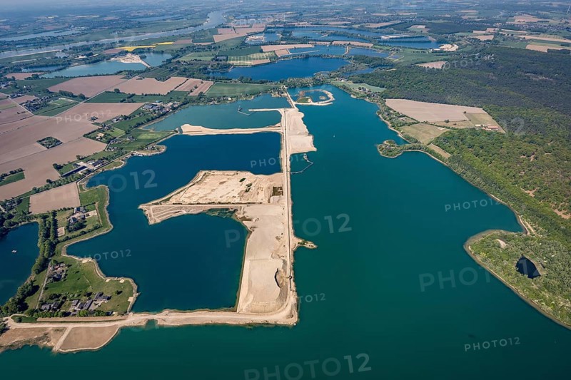 Aerial view, Diersfordter forest lake with sailing harbour, gravel extraction, Wesel, Ruhr area, Lower Rhine, North Rhine-Westphalia, Germany