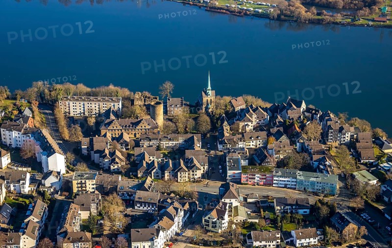 Aerial view, Wetter Castle, Wetter-Freiheit Protestant Church, Harkortsee, Alt-Wetter, Wetter, Ruhr area, North Rhine-Westphalia, Germany