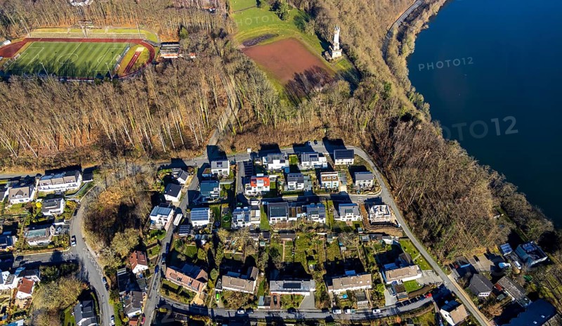 Aerial view, residential area Harkortberg, Ehrenmalweg, Harkortturm, sports field, Alt-Wetter, Wetter, Ruhr area, North Rhine-Westphalia, Germany