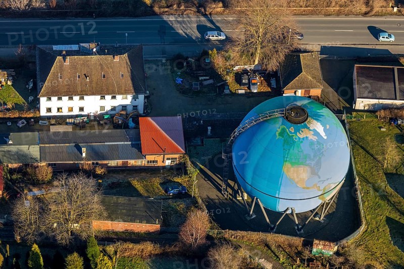 Aerial view, Oberwengerner Straße globe, gas globe, gasometer, Wengern, Wetter, Ruhr area, North Rhine-Westphalia, Germany