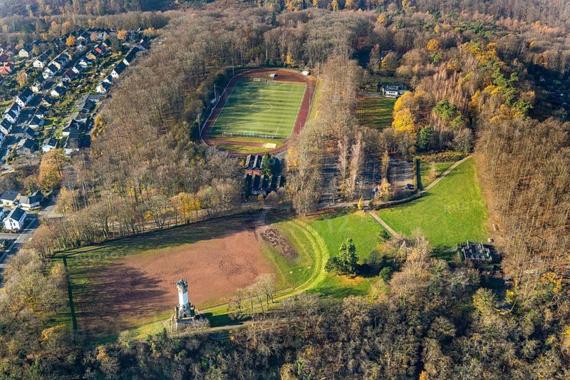 Aerial view, new housing estate Am alten Stamm - Sunderweg, Harkortturm, climbing forest Wetter, football pitch Waldstatdion Harkortberg FC wetter 1910-30, Wetter, Wetter, Ruhr area, North Rhine-Westphalia, Germany