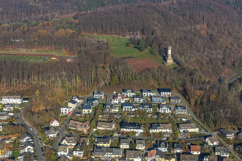 Aerial view, new housing estate Am alten Stamm - Sunderweg, Harkortturm, football pitch Waldstatdion Harkortberg FC wetter 1910-30, Wetter, Wetter, Ruhr area, North Rhine-Westphalia, Germany