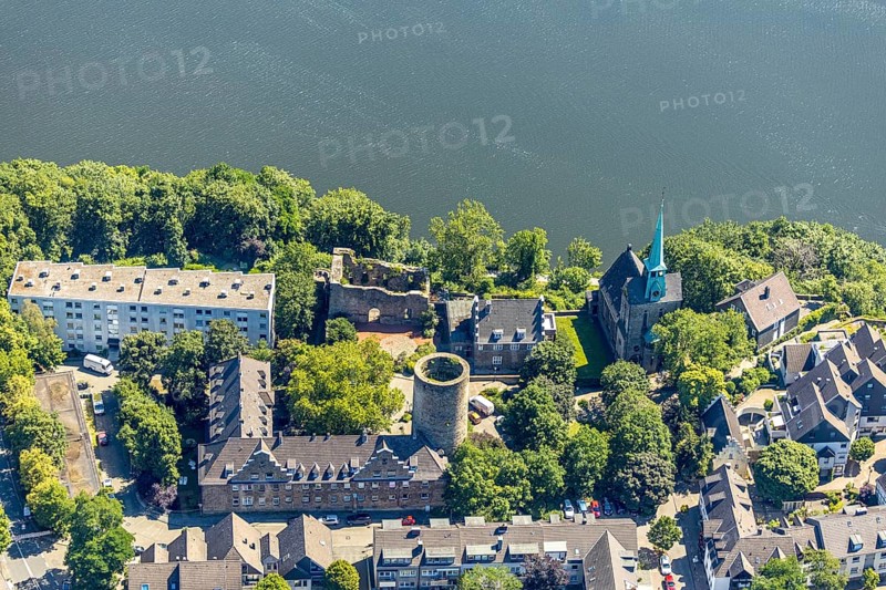 Aerial view, Wetter Castle, Evangelical-Ref. parish Wetter-Freiheit, shore Harkortsee, Alt-Wetter, Wetter, Ruhr, Ruhr area, North Rhine-Westphalia, Germany