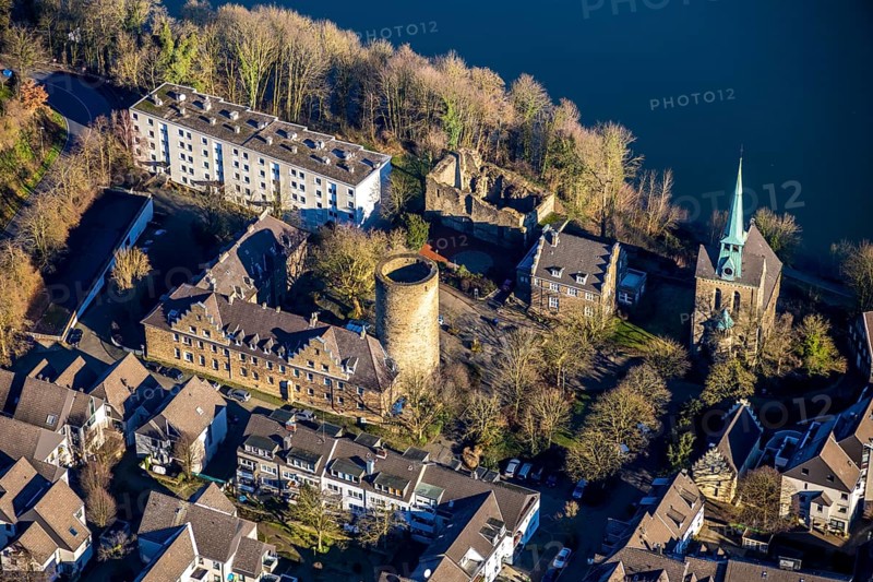 Aerial view, Wetter Castle, Wetter-Freiheit Protestant Church, Alt-Wetter, Wetter, Ruhr area, North Rhine-Westphalia, Germany