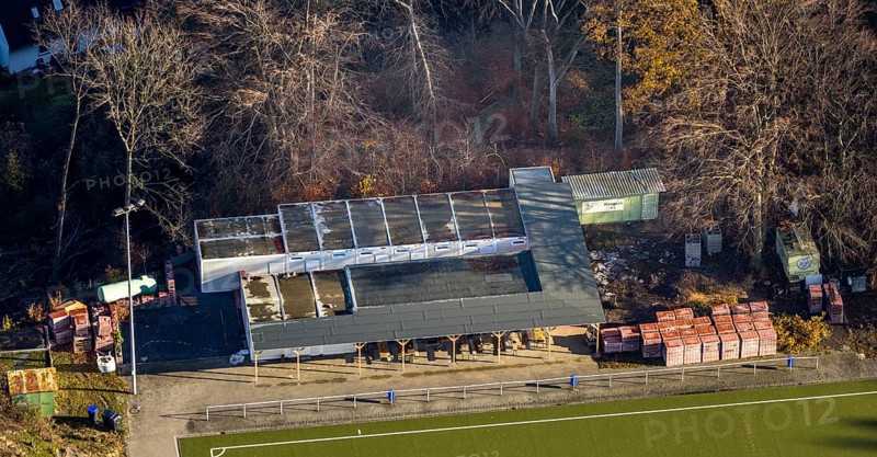 Aerial view, sports ground Am Brasberg, SC Wengern, construction of a new clubhouse, football pitch, Wengern, Wetter, Ruhr area, North Rhine-Westphalia, Germany