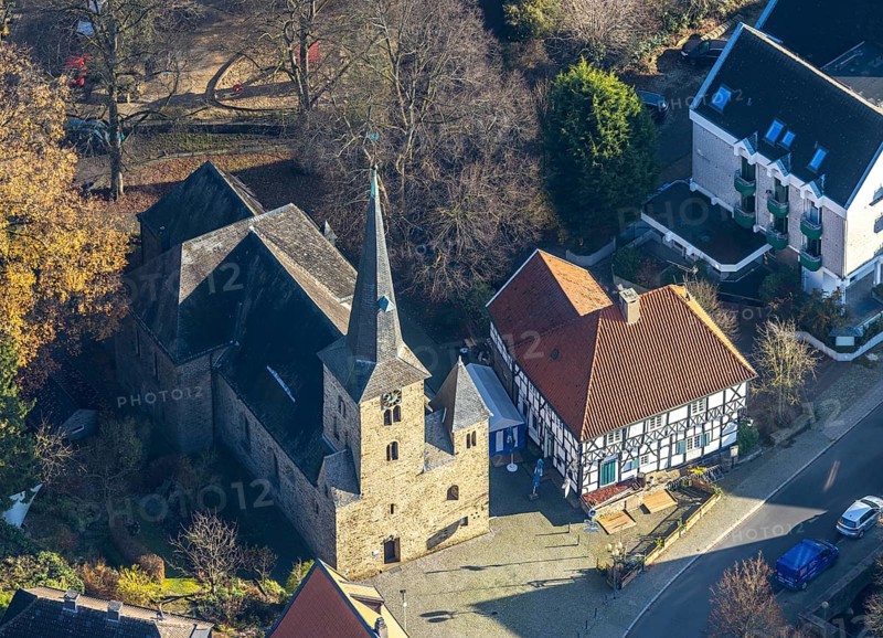 Aerial view, Protestant village church Wengern, traditional restaurant Leimkasten, Wengern, Wetter, Ruhr area, North Rhine-Westphalia, Germany