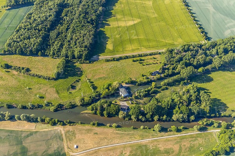 Aerial photograph, Warmen Obergraben run-of-river power station, Ruhr river, Wickede (Ruhr), North Rhine-Westphalia, Germany