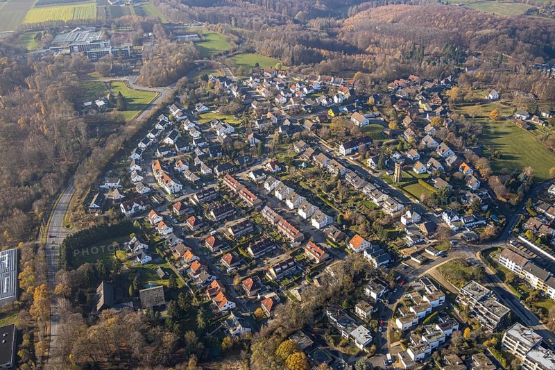 Aerial view, Volmarstein with historic water tower on Von-Der-Recke-Straße, Grundschöttel, Wetter, Ruhr area, North Rhine-Westphalia, Germany