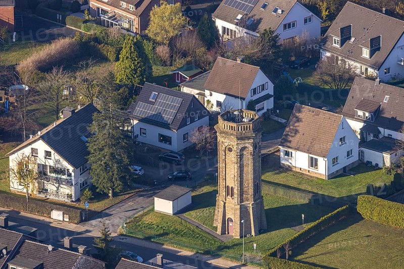 Aerial view, historic water tower on Von-Der-Recke-Straße, Grundschöttel, Wetter, Ruhr area, North Rhine-Westphalia, Germany