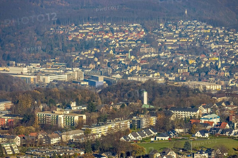 Aerial view, overview Volmarstein, view of Wetter, Protestant Church Martinskirche, Orthopaedic Clinic of the Volmarstein Foundation Department of Orthopaedics, Volmarstein, Wetter, Ruhr area, North Rhine-Westphalia, Germany