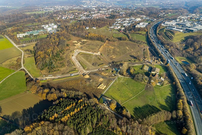 Aerial view, development of new industrial estate between Schwelmer Straß0e motorway A1, Grundschöttel, Wetter, Ruhr area, North Rhine-Westphalia, Germany