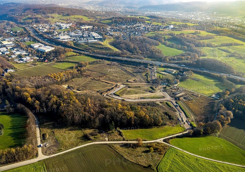 Aerial view, development of new industrial estate between Schwelmer Straß0e motorway A1, Grundschöttel, Wetter, Ruhr area, North Rhine-Westphalia, Germany