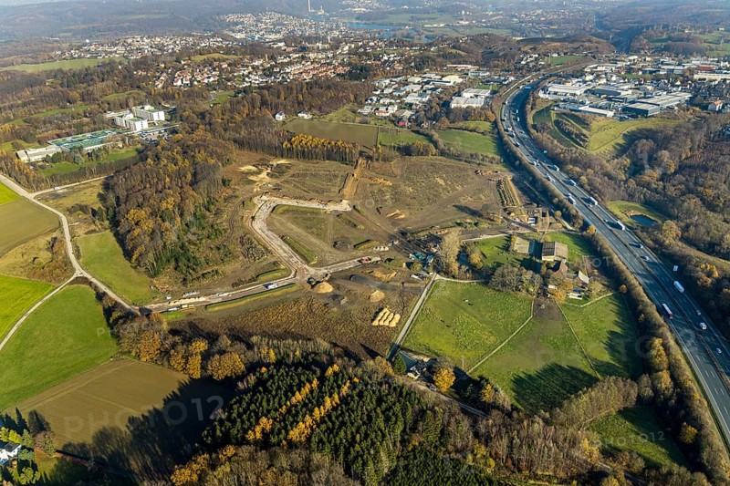 Aerial view, development of new industrial estate between Schwelmer Straß0e motorway A1, Grundschöttel, Wetter, Ruhr area, North Rhine-Westphalia, Germany