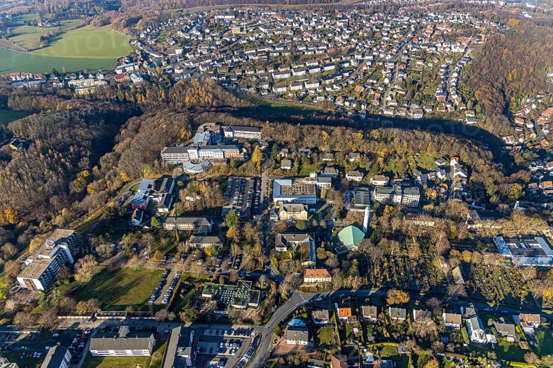 Aerial view, Overview Volmarstein, Protestant Church Martinskirche, Orthopaedic Clinic of the Volmarstein Foundation Department of Orthopaedics, Volmarstein, Wetter, Ruhr Area, North Rhine-Westphalia, Germany